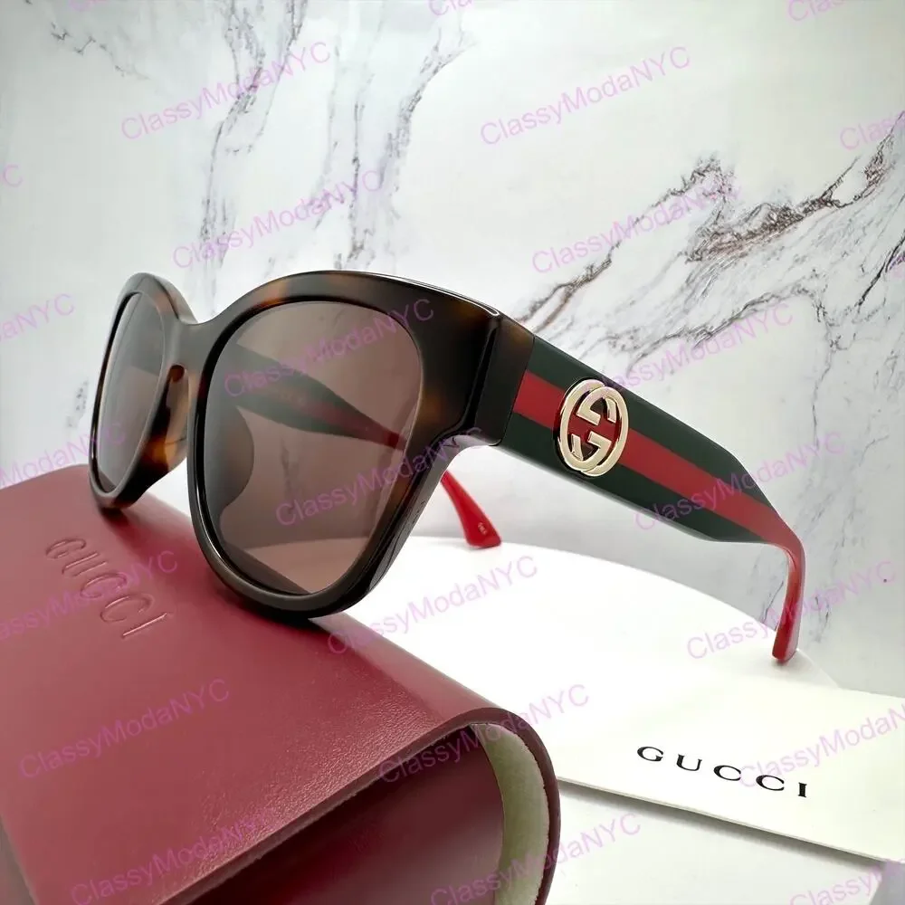 New GUCCI Sunglasses Brown Cat Eye Round Red Green Web Arms Gold GG Womens